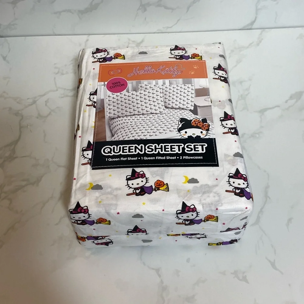 Hello Kitty Halloween Queen Sheet Set Witch 100% Cotton NWT Sanrio Bedding Witch